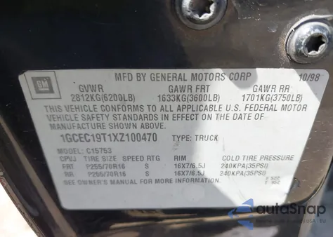 1999 Chevrolet Silverado 1500 Ls from USA, damaged, VIN 1GCEC19T1XZ100470